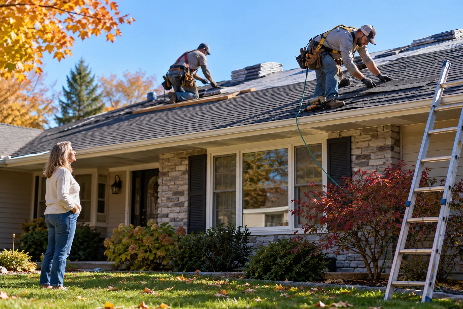 A local roofing crew installing new shingles on a ranch-style home in Milwaukee
