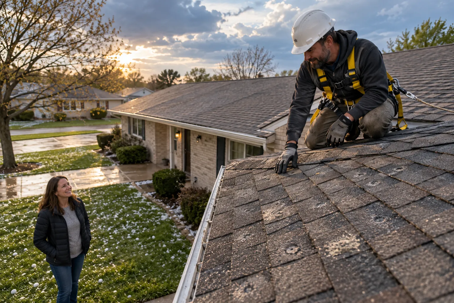 Local roofing provider inspecting hail-damaged shingles on a home in the Milwaukee area